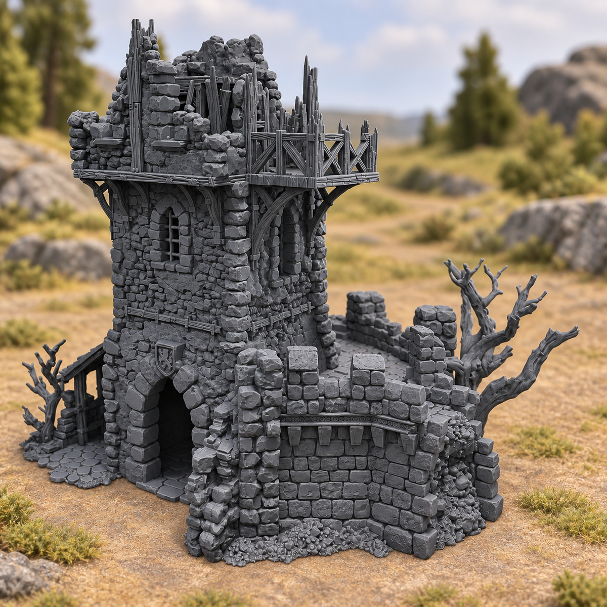 Ruined Black Lions Bastion Tower – 28mm Terrain, Unpainted