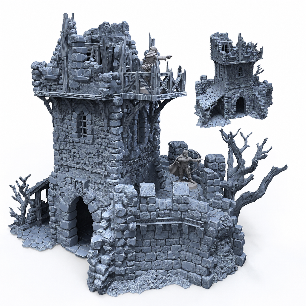 Ruined Black Lions Bastion Tower – 28mm Terrain, Unpainted