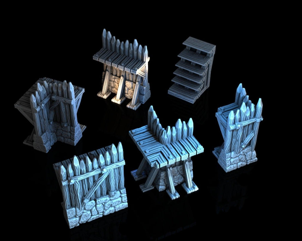 Palisade Set 28mm DND Terrain | Tabletop Wargaming Siege Wall Scenery for Warhammer, Frostgrave & RPG | 3D Printed