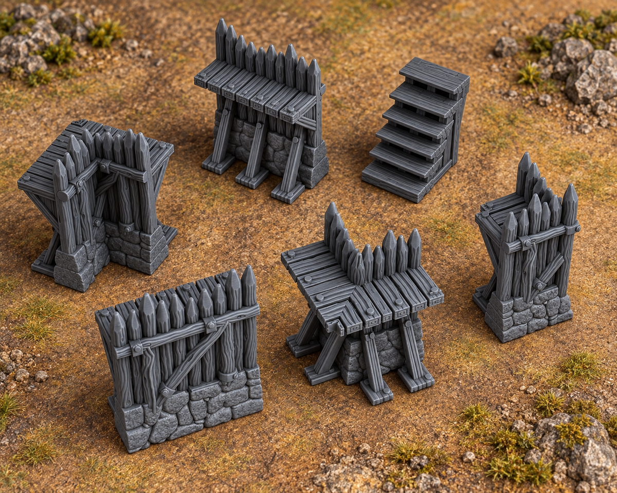 Palisade Set 28mm DND Terrain | Tabletop Wargaming Siege Wall Scenery for Warhammer, Frostgrave & RPG | 3D Printed