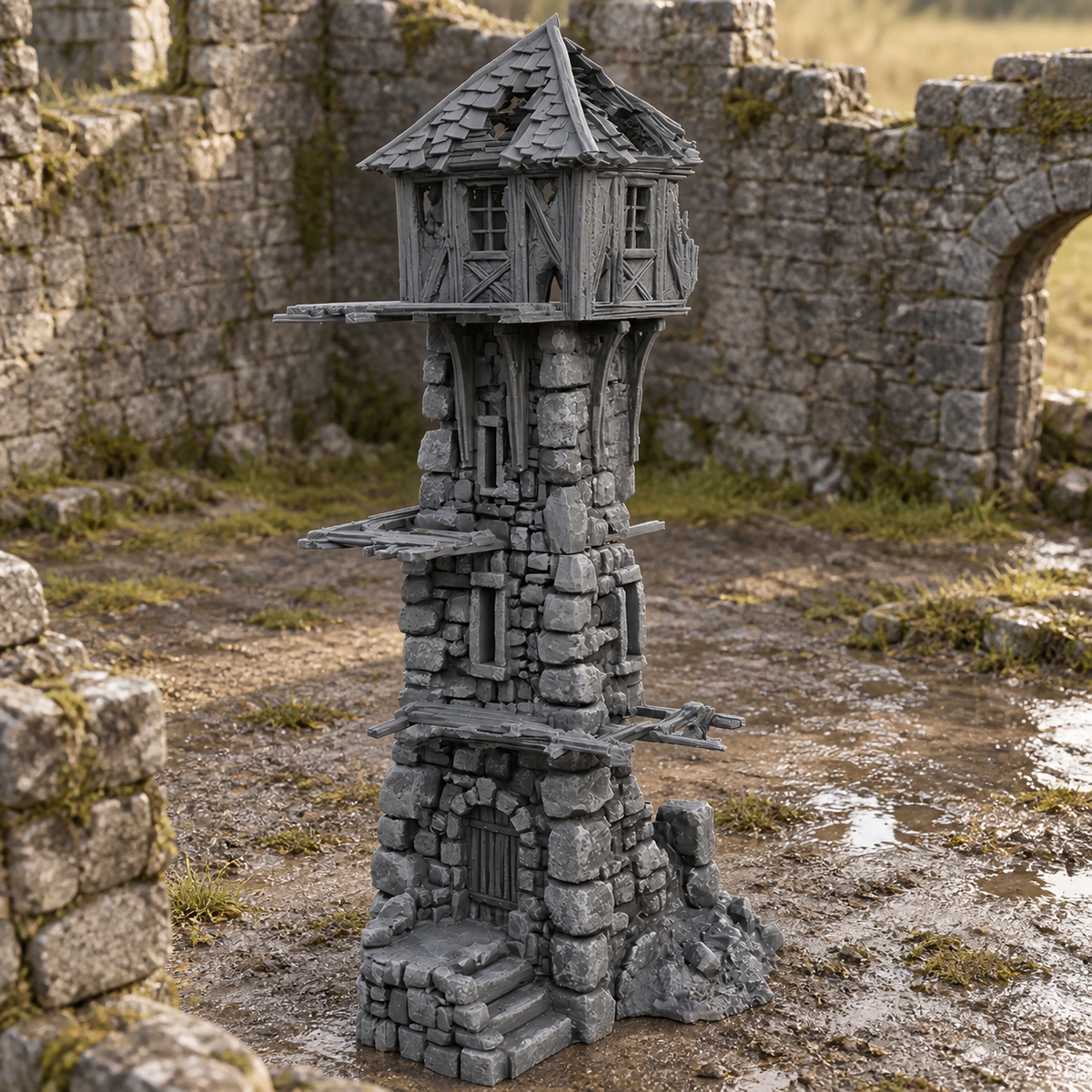 Ruined Medieval Tower 28mm DND Terrain | Tabletop Wargaming Scenery for Mordheim, Frostgrave & RPG | 3D Printed