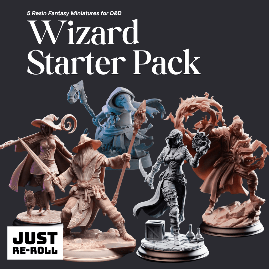 Wizard Starter Pack - 5 Resin Fantasy Miniatures for DnD, Pathfinder & Tabletop RPGs - Just Re-Roll
